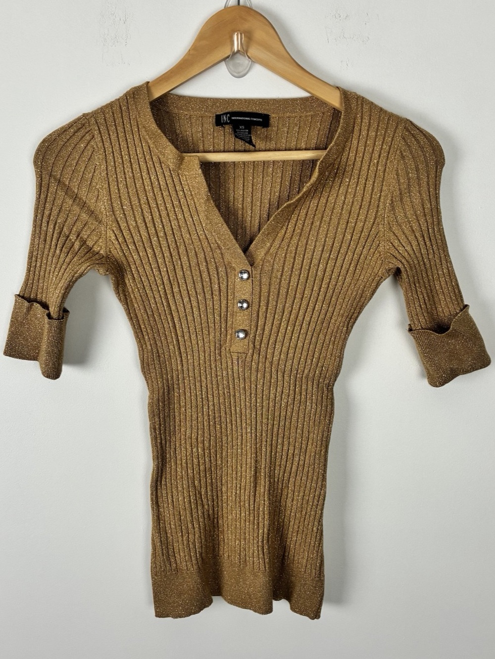 INC Gold Metallic Ribbed Henley Knit Short Sleeve Sweater Y2K Holiday XS